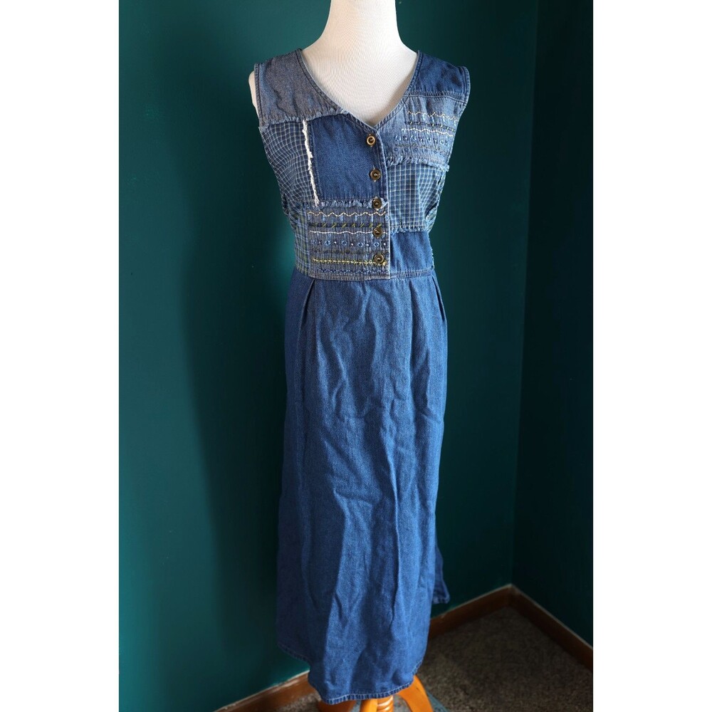 Vintage 90s Bobbie Brooks Denim Maxi Dress Jumper Patchwork Button Cottage XL
